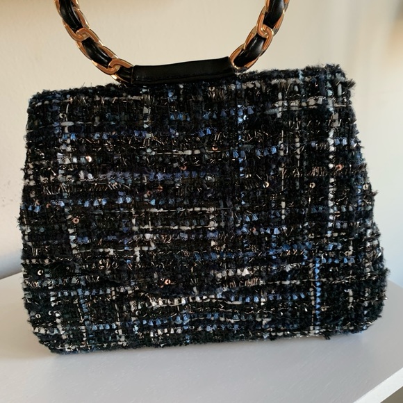 Mini Tweed Blue Black White Fabric Gold Chain Link Shoulder Handbag - Picture 6 of 14